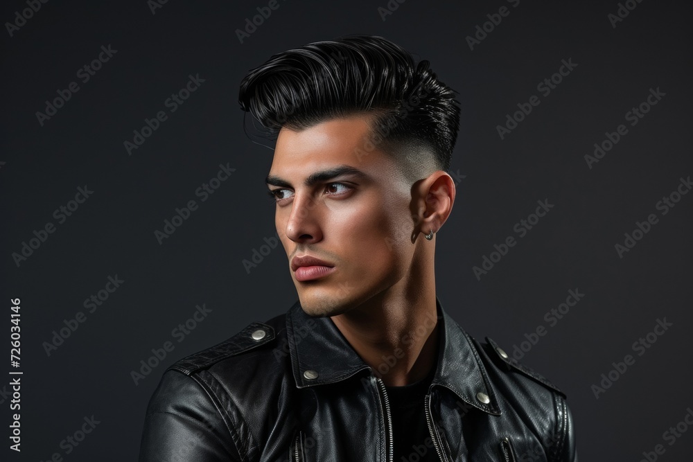 Obraz premium Stylish Young Man in Leather Jacket and Pompadour Hairstyle