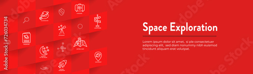 Space Travel or Tourism Web Header Banner with spaceship, telescope, and planets
