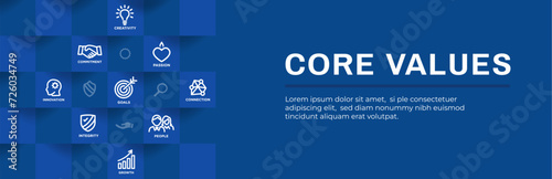 Core Values Web Header Banner with Integrity Mission and Vision Icons