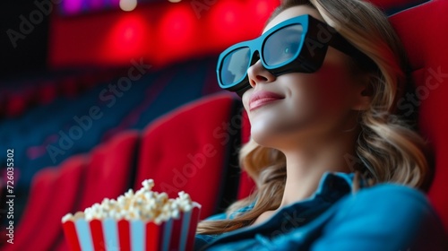 Young Woman Enjoying 3D Movie in Theater. Generative ai