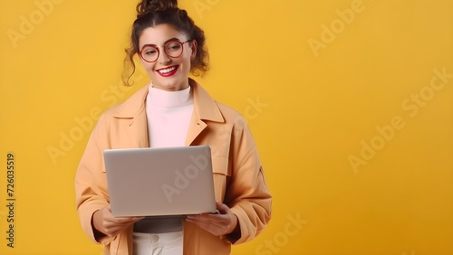 Beautiful young smiling caucasian woman or man in casual outfit and trendy glasses sitting on the floor isolated on one bright colored background and working on a laptop
