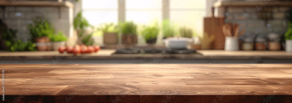 Rustic Charm Meets Modern Elegance: Empty Wooden Table Surface with a Blurred Kitchen Background Illuminated by Natural Light Rustic Charm Meets Modern Elegance: Empty Wooden Table Surface with a Blurred Kitchen Background Illuminated by Natural Light