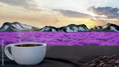 Serene sunset over lavender fields with a fresh cup of coffee in foreground.