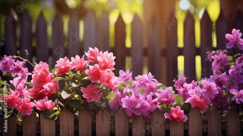 Spring flowers in house yard with wooden fence. Suitable for spring theme background. Copy space area background.