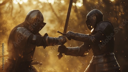 two medieval knights duelling with swords and armor outside in the rain. epic brutal wallpaper background. 16:9 photo
