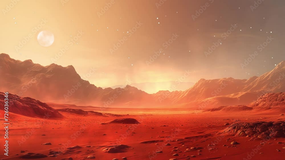 red planet with arid landscape rocky hills and mount. seamless looping overlay 4k virtual video animation background 