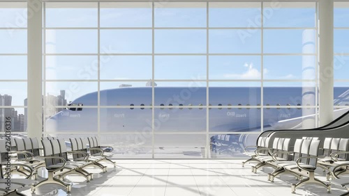 Modern style empty airport terminal lounge with city view background 3d render, There are large window overlooking passing airplanes.