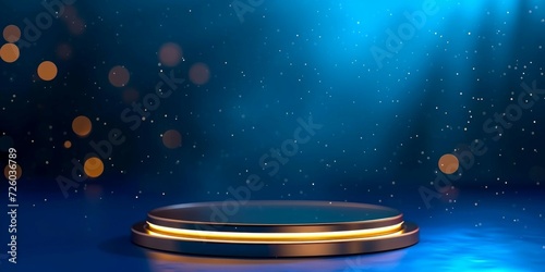 Golden podium with bokeh light blue background. 3d render