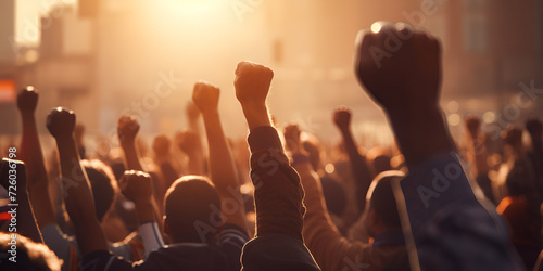 silhouettes of concert crowd in front of bright stage lights. Multi-ethnic people raise their fists up in the air in a protest.