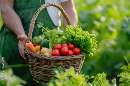 A basket with a harvest in the hands of a farmer. Background with selective focus and copy space