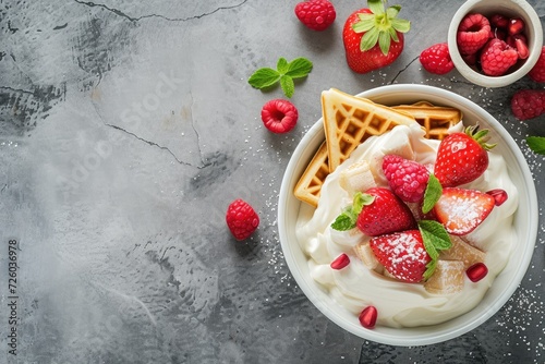 Dairy products including condensed milk and waffles served on a grey table with text space top view