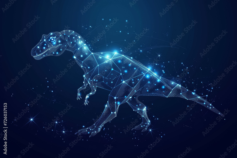 Dinosaur hologram made from digital dots. Background with selective focus and copy space