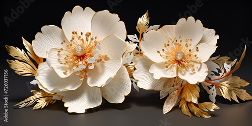 3d render of white and gold flowers with golden leaves on white background