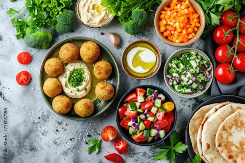 Above view of Middle Eastern or Arabic cuisines falafel hummus tabouleh pita and veggies on concrete background