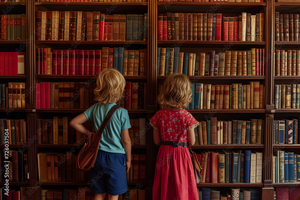 two children in front of a bookcase with books two children in front of a bookcase with books