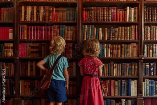 two children in front of a bookcase with books 