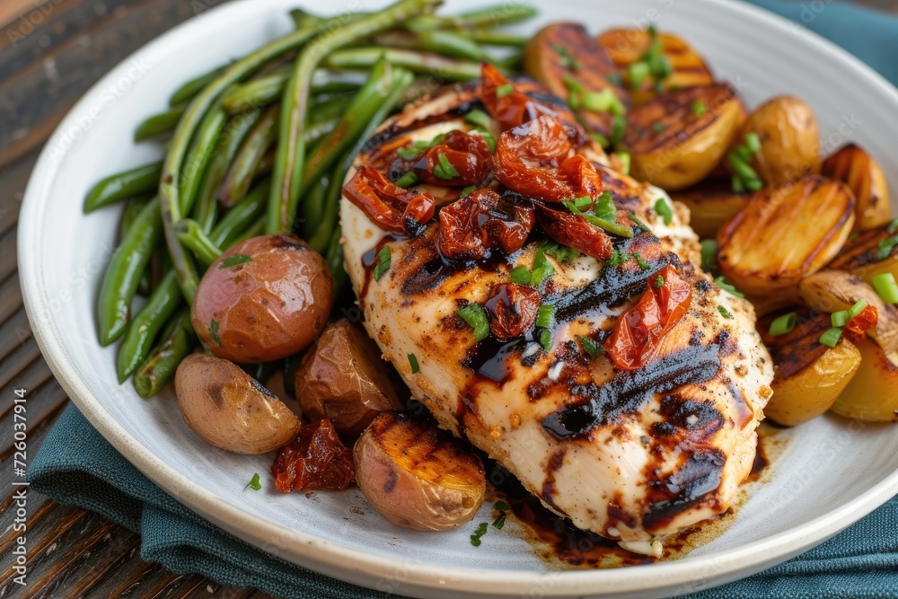 Grilled chicken breast with goat cheese sun dried tomatoes roasted potatoes and beans in balsamic glaze