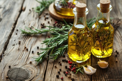 Rosemary and pepper infused olive oil on wooden background