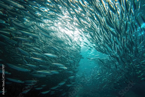Diving in Cortez Sea amidst a massive bait ball of sardines photo