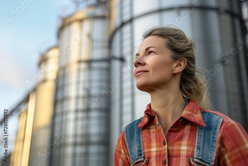 Woman farmer on blurred elevator background with selective focus and copy space