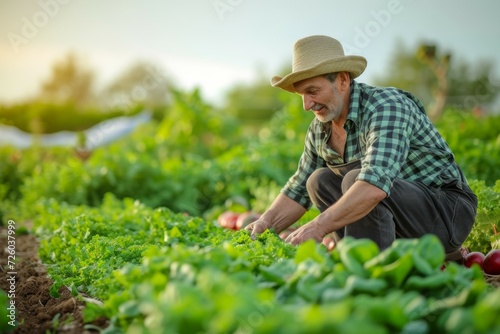 A male farmer works in the garden beds. Background with selective focus and copy space