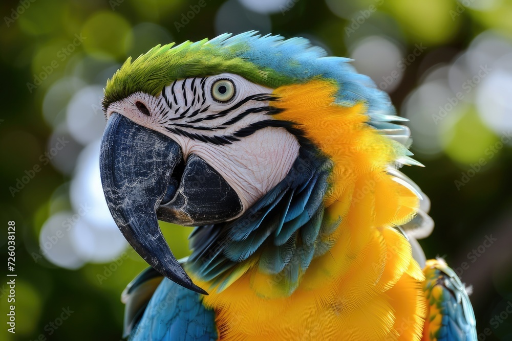 Closeup of a colorful exotic bird the blue and yellow macaw Ara ararauna