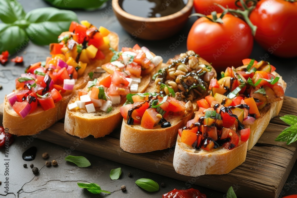Tasty bruschetta with assorted toppings and balsamic vinegar on table Tasty bruschetta with assorted toppings and balsamic vinegar on table