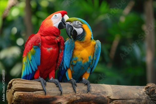 Colorful macaws perch on log