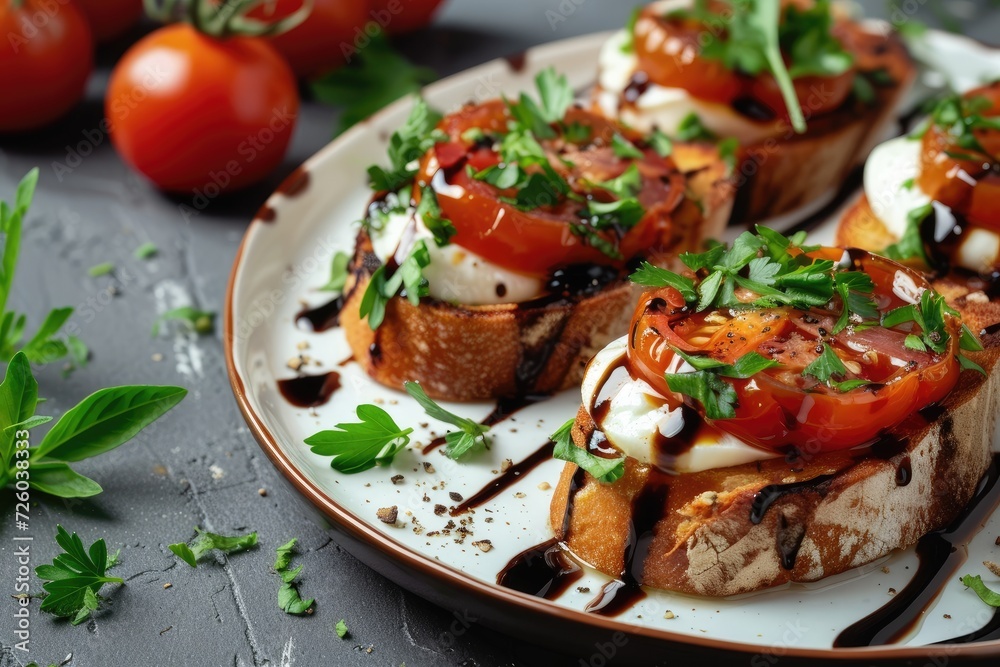 Italian bruschetta with tomatoes cheese vinegar and herbs on a plate