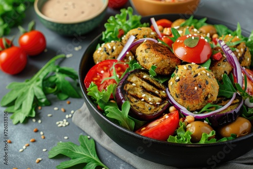 Delicious vegan meal with tomato salad grilled eggplants falafel and tahini dressing for the entire family