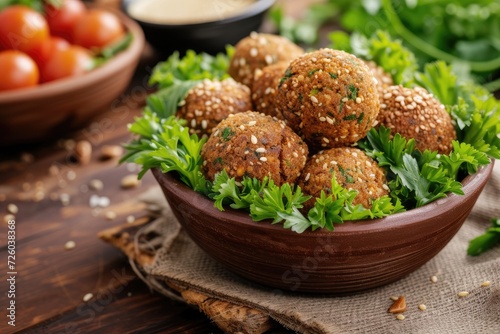 Arabic food Isolated dish with stuffed falafel and sesame seeds on a table photo