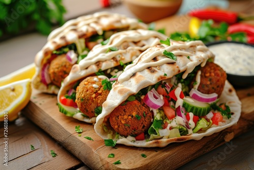 Chickpea falafel in pita bread with salad hot peppers lemon and tahini sauce on a wooden board