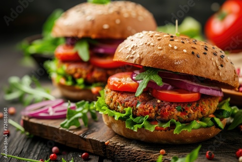 Healthy vegan burger with vegetables and sauce against a dark backdrop