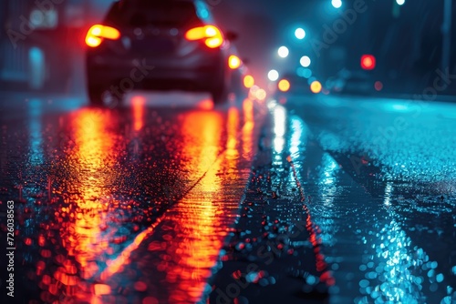 City night rain car drives towards headlights close up asphalt view photo