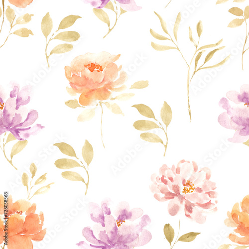 Orange and Purple Rose Watercolor Flower Seamless Pattern for Fabric or Home Decor