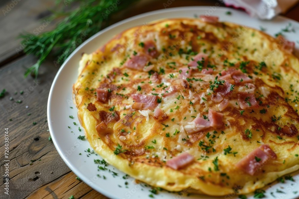 Cheesy ham pancake displayed on white plate resting on wooden table Cheesy ham pancake displayed on white plate resting on wooden table