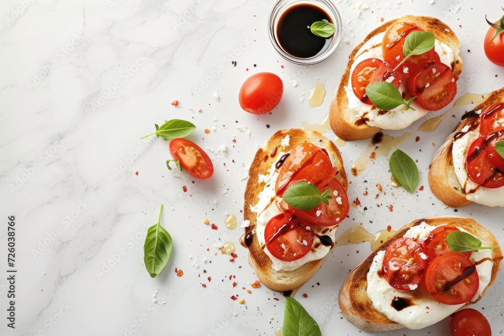 Text space available closeup shot of bruschettas with mozzarella tomatoes and balsamic vinegar on a white marble table Text space available closeup shot of bruschettas with mozzarella tomatoes and balsamic vinegar on a white marble table