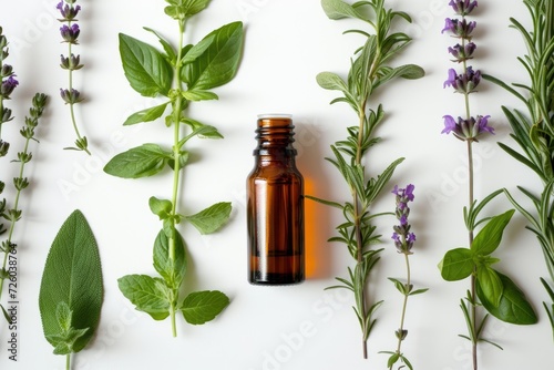 Herb infused essential oil bottle on white background