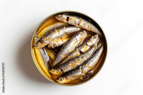 Canned sardine isolated on white top view