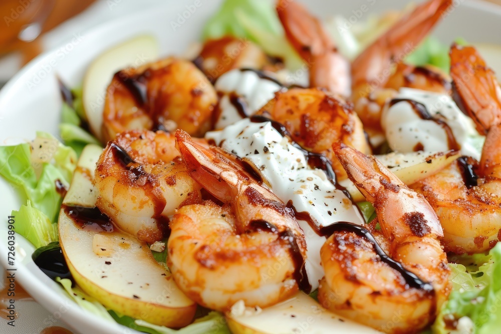 Fried shrimp salad with yogurt dressing red wine soaked pears and balsamic sauce Fried shrimp salad with yogurt dressing red wine soaked pears and balsamic sauce