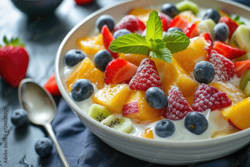 Condensed milk served with fruit salad Condensed milk served with fruit salad