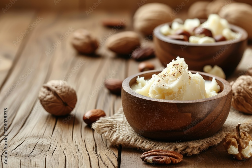 Closeup of shea butter and nut filled bowls on wooden background