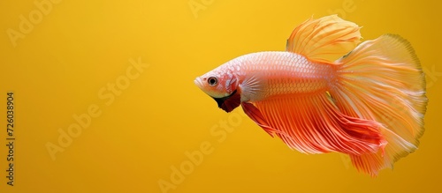 Yellow background with a beautiful dimension showcasing a half moon-colored Siamese fighting fish swimming, swaying, and looking stunning. photo