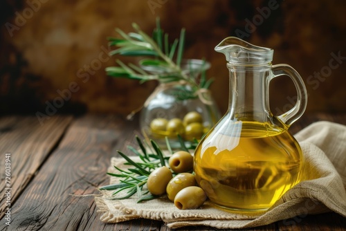 Golden olive oil in a transparent jug on a canvas napkin Olives in a glass vase with rosemary sprigs Dark brown wooden backdrop