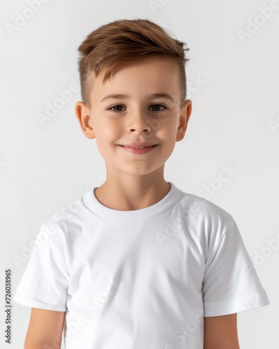 Boy in white t-shirt looking at camera