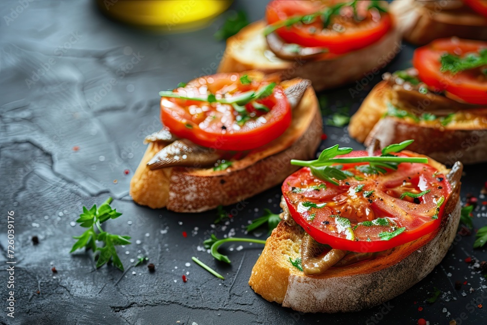 Naklejka premium Spanish tapas with anchovy toast tomato olive oil Overhead view Blank area