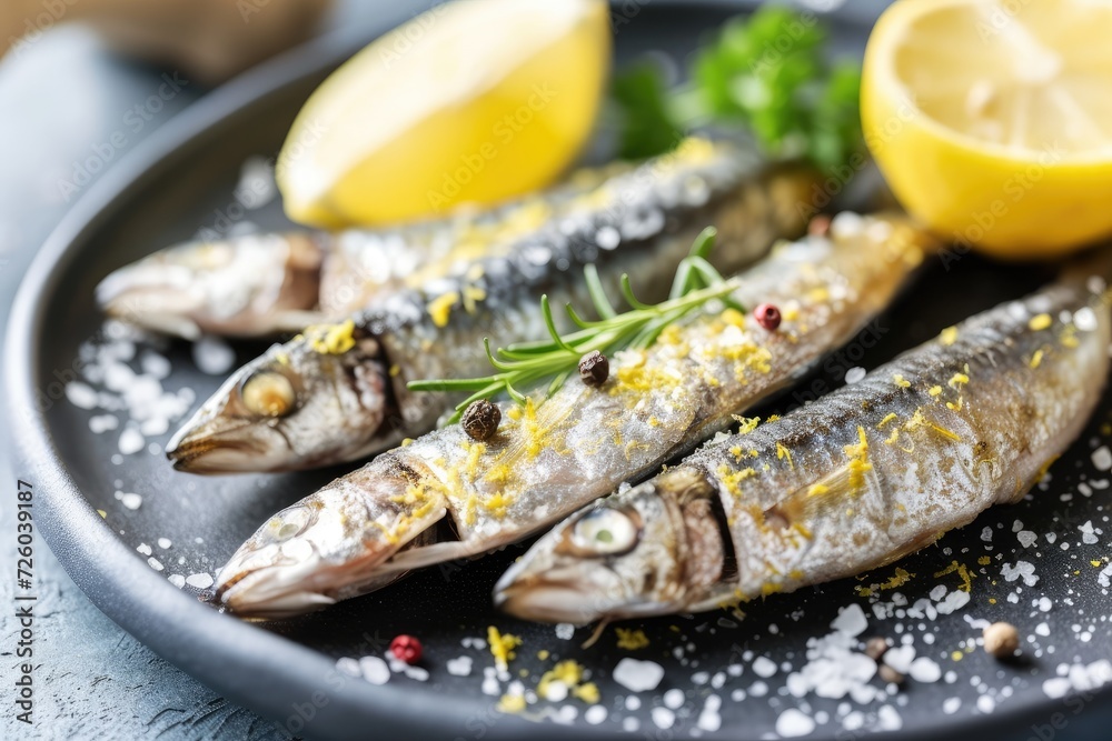 Close up of gray plate with lemon spices sea salt and large sardines Close up of gray plate with lemon spices sea salt and large sardines