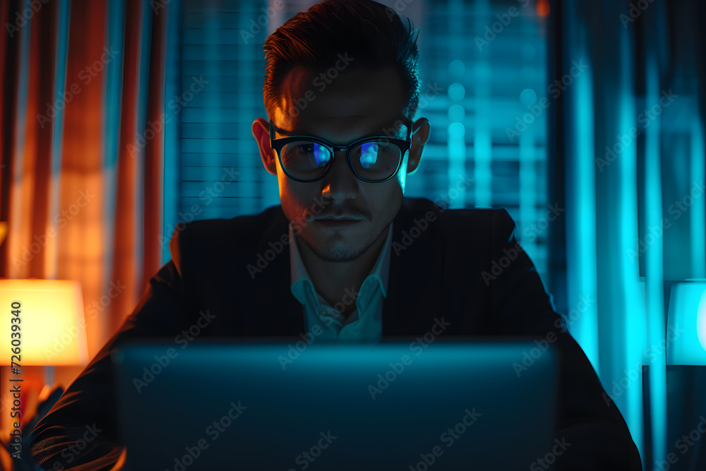 a businessman in glasses is sitting in front of his laptop in an office a businessman in glasses is sitting in front of his laptop in an office