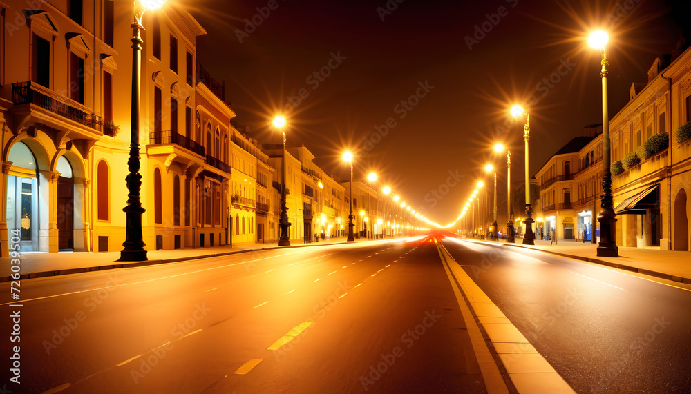 Street Lamps. Night. City Lights. Urban Scene. Illumination. Evening. Twilight. Cityscape. Dark. Glowing. Light Poles. Nightlife. Urban Landscape. Street Lighting. Urban Night. AI Generated.