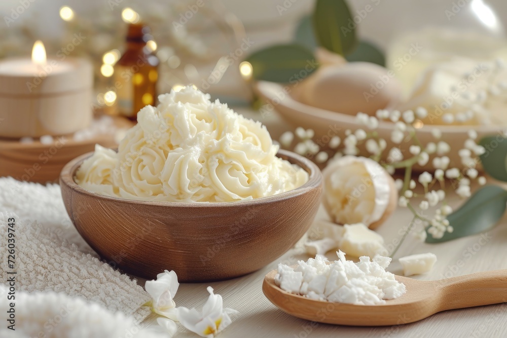 Shea butter cream and soap on a bright backdrop Shea butter cream and soap on a bright backdrop